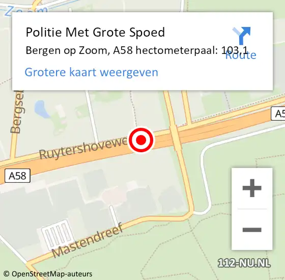 Locatie op kaart van de 112 melding: Politie Met Grote Spoed Naar Bergen op Zoom, A58 hectometerpaal: 103,1 op 24 augustus 2021 06:10