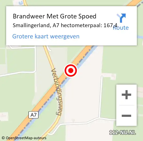 Locatie op kaart van de 112 melding: Brandweer Met Grote Spoed Naar Smallingerland, A7 hectometerpaal: 167,4 op 24 augustus 2021 07:55