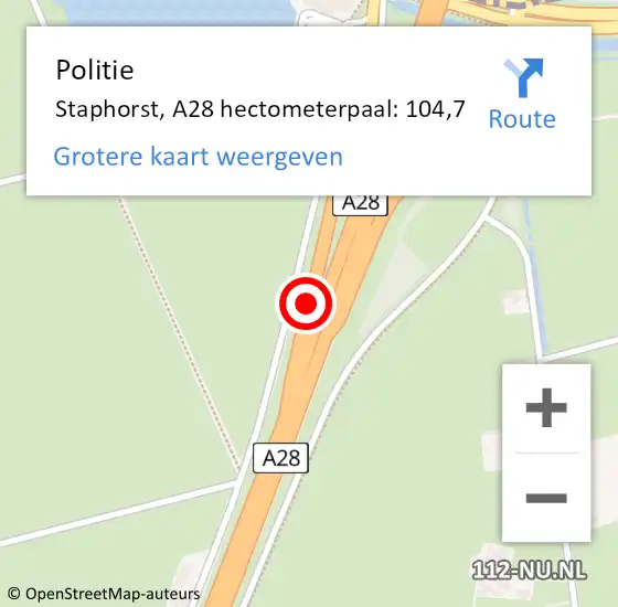 Locatie op kaart van de 112 melding: Politie Staphorst, A28 hectometerpaal: 104,7 op 24 augustus 2021 08:12