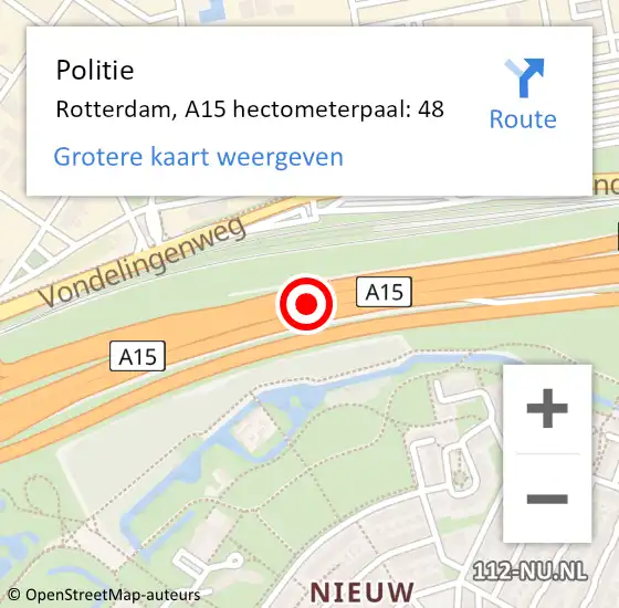 Locatie op kaart van de 112 melding: Politie Rotterdam, A15 hectometerpaal: 48 op 24 augustus 2021 10:27