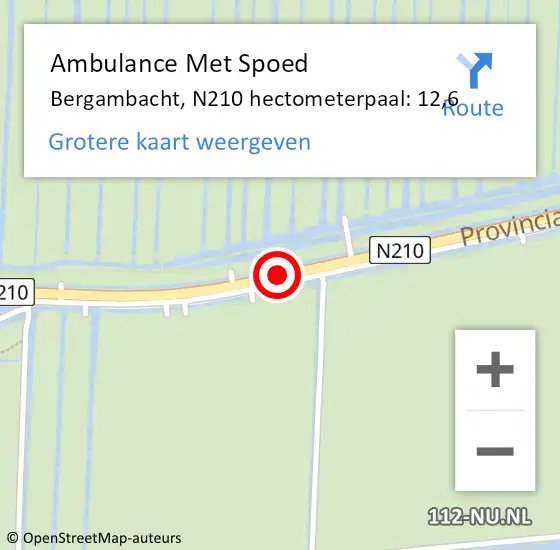 Locatie op kaart van de 112 melding: Ambulance Met Spoed Naar Bergambacht, N210 hectometerpaal: 12,6 op 24 augustus 2021 10:55