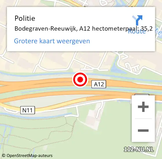 Locatie op kaart van de 112 melding: Politie Bodegraven-Reeuwijk, A12 hectometerpaal: 35,2 op 24 augustus 2021 13:44