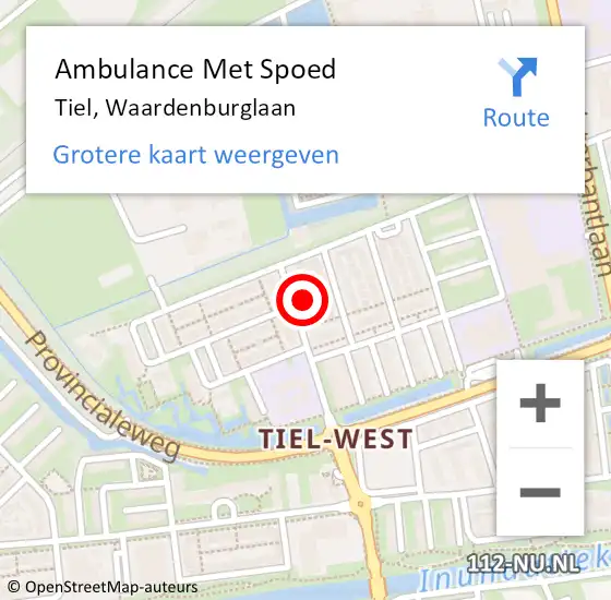 Locatie op kaart van de 112 melding: Ambulance Met Spoed Naar Tiel, Waardenburglaan op 24 augustus 2021 14:01