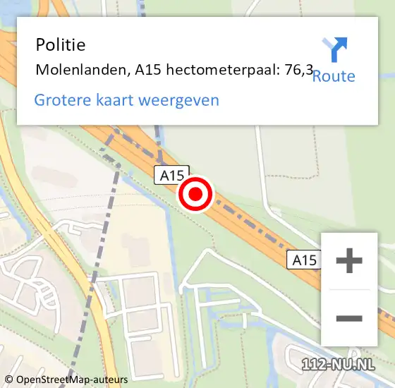 Locatie op kaart van de 112 melding: Politie Molenwaard, A15 hectometerpaal: 76,3 op 24 augustus 2021 15:04