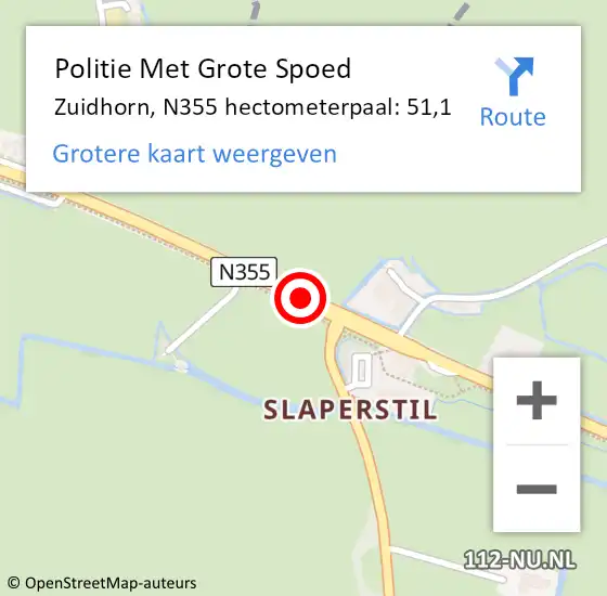 Locatie op kaart van de 112 melding: Politie Met Grote Spoed Naar Zuidhorn, N355 hectometerpaal: 51,1 op 24 augustus 2021 16:00