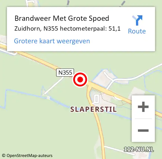 Locatie op kaart van de 112 melding: Brandweer Met Grote Spoed Naar Zuidhorn, N355 hectometerpaal: 51,1 op 24 augustus 2021 16:00