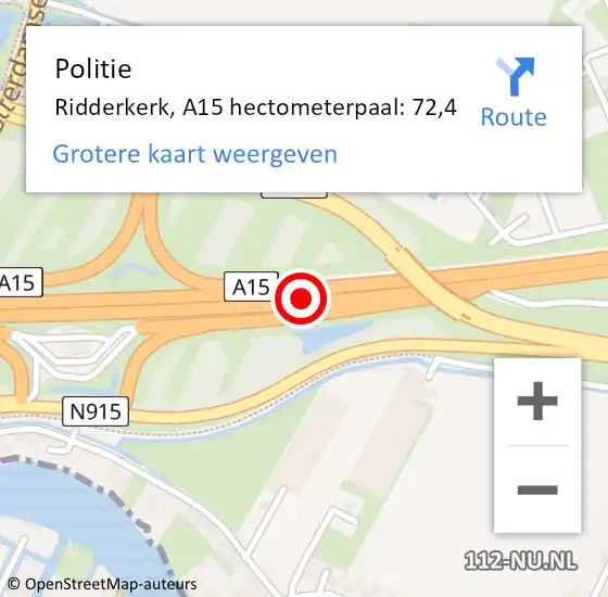 Locatie op kaart van de 112 melding: Politie Ridderkerk, A15 hectometerpaal: 72,4 op 24 augustus 2021 17:04