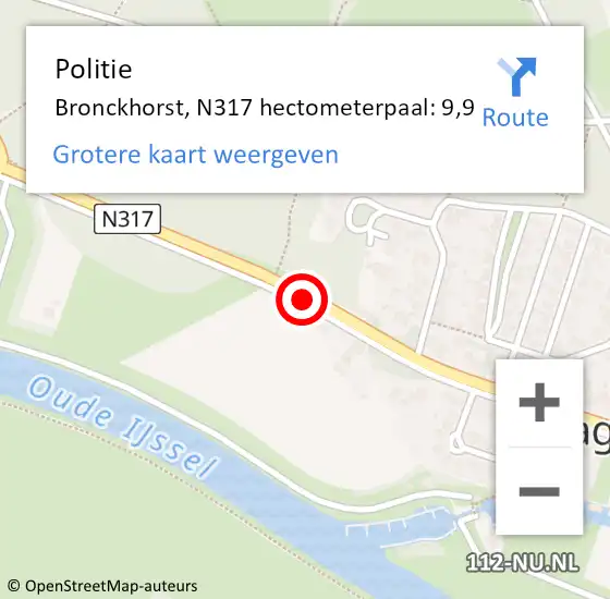 Locatie op kaart van de 112 melding: Politie Bronckhorst, N317 hectometerpaal: 9,9 op 24 augustus 2021 19:06