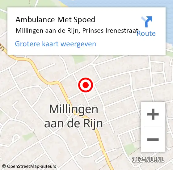 Locatie op kaart van de 112 melding: Ambulance Met Spoed Naar Millingen aan de Rijn, Prinses Irenestraat op 24 augustus 2021 20:22