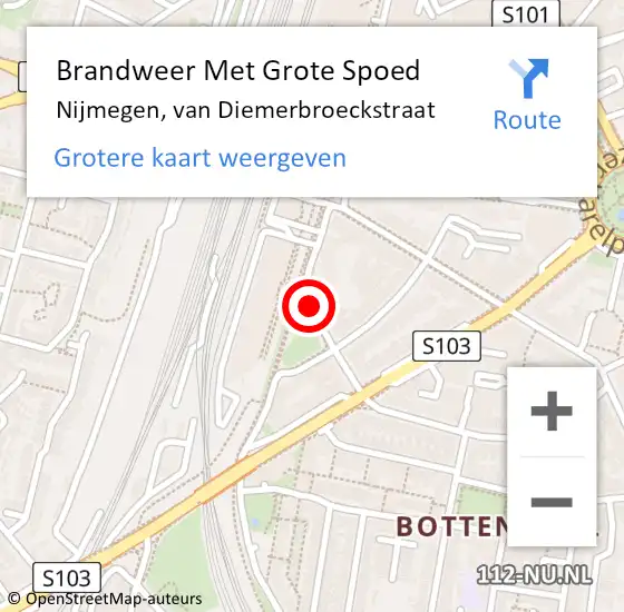 Locatie op kaart van de 112 melding: Brandweer Met Grote Spoed Naar Nijmegen, van Diemerbroeckstraat op 24 augustus 2021 20:37