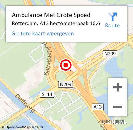 Locatie op kaart van de 112 melding: Ambulance Met Grote Spoed Naar Rotterdam, A13 hectometerpaal: 16,6 op 24 augustus 2021 20:45