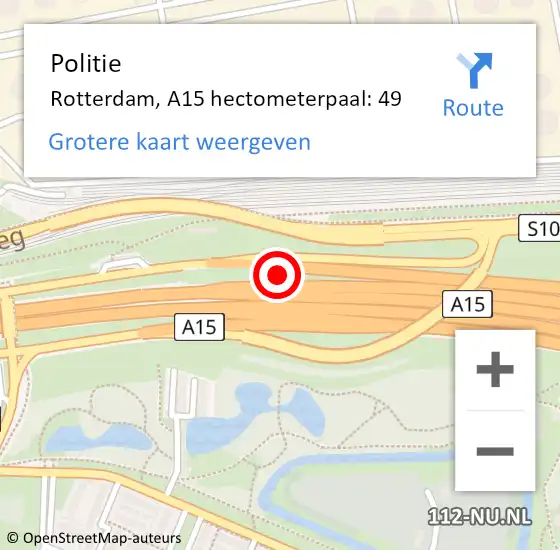 Locatie op kaart van de 112 melding: Politie Rotterdam, A15 hectometerpaal: 49 op 25 augustus 2021 06:29