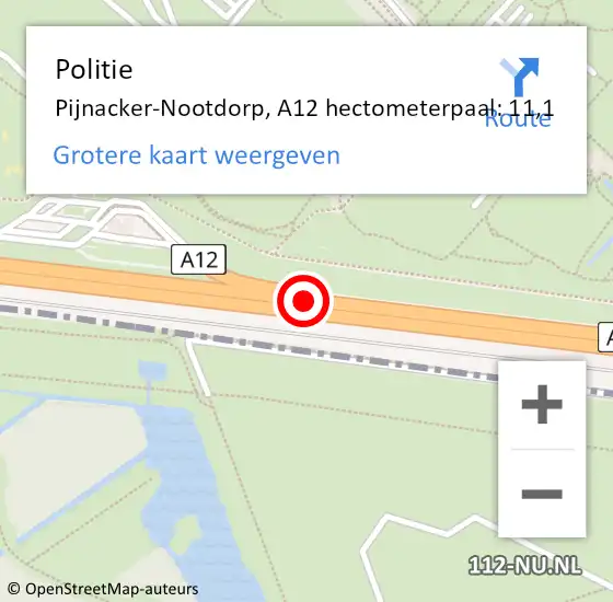 Locatie op kaart van de 112 melding: Politie Pijnacker-Nootdorp, A12 hectometerpaal: 11,1 op 25 augustus 2021 09:33