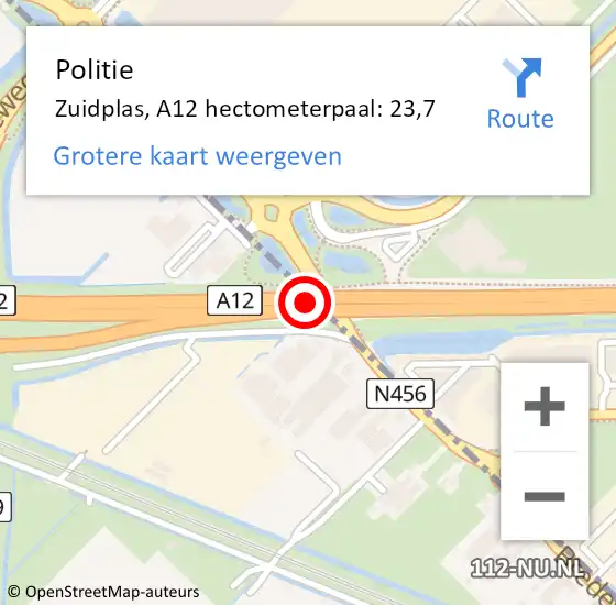 Locatie op kaart van de 112 melding: Politie Zuidplas, A12 hectometerpaal: 23,7 op 25 augustus 2021 09:54