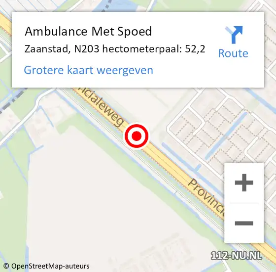Locatie op kaart van de 112 melding: Ambulance Met Spoed Naar Zaanstad, N203 hectometerpaal: 52,2 op 25 augustus 2021 10:21