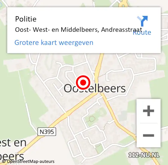Locatie op kaart van de 112 melding: Politie Oost- West- en Middelbeers, Andreasstraat op 25 augustus 2021 10:55