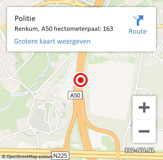 Locatie op kaart van de 112 melding: Politie Renkum, A50 hectometerpaal: 163 op 25 augustus 2021 11:05