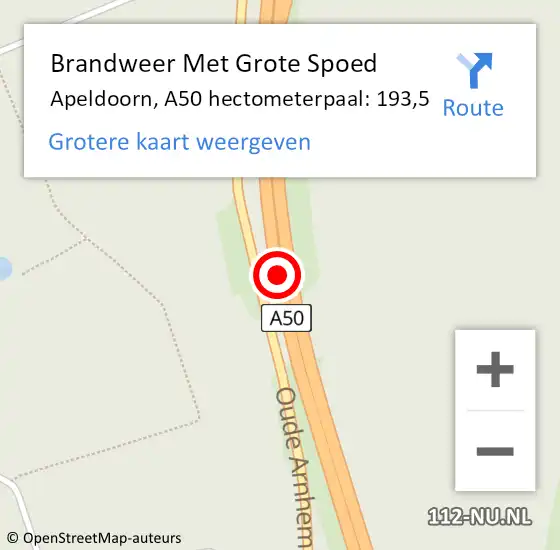 Locatie op kaart van de 112 melding: Brandweer Met Grote Spoed Naar Apeldoorn, A50 hectometerpaal: 193,5 op 25 augustus 2021 11:32