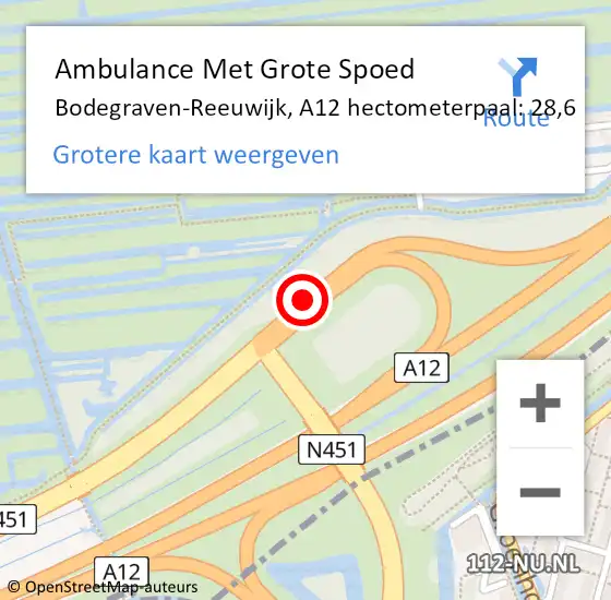 Locatie op kaart van de 112 melding: Ambulance Met Grote Spoed Naar Bodegraven-Reeuwijk, A12 hectometerpaal: 28,6 op 25 augustus 2021 11:33