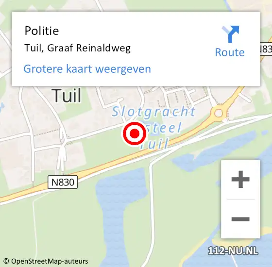 Locatie op kaart van de 112 melding: Politie Tuil, Graaf Reinaldweg op 25 augustus 2021 12:06