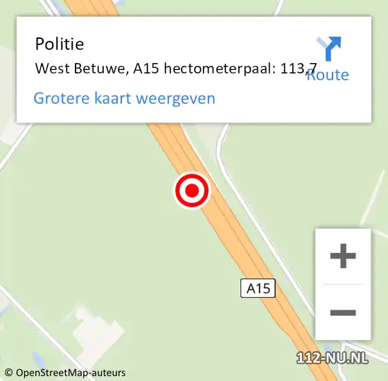 Locatie op kaart van de 112 melding: Politie Neerijnen, A15 hectometerpaal: 113,7 op 25 augustus 2021 14:31