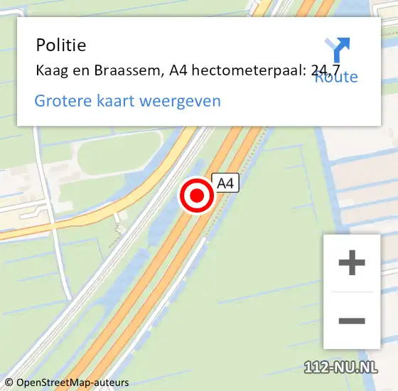 Locatie op kaart van de 112 melding: Politie Kaag en Braassem, A4 hectometerpaal: 24,7 op 25 augustus 2021 14:37