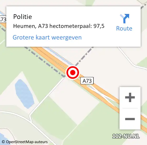 Locatie op kaart van de 112 melding: Politie Heumen, A73 hectometerpaal: 97,5 op 25 augustus 2021 15:13