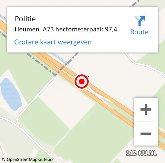 Locatie op kaart van de 112 melding: Politie Heumen, A73 hectometerpaal: 97,4 op 25 augustus 2021 15:13
