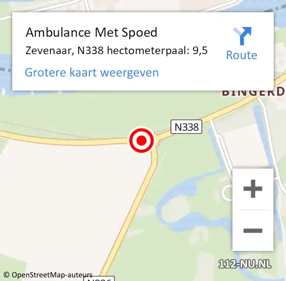 Locatie op kaart van de 112 melding: Ambulance Met Spoed Naar Zevenaar, N338 hectometerpaal: 9,5 op 25 augustus 2021 15:21