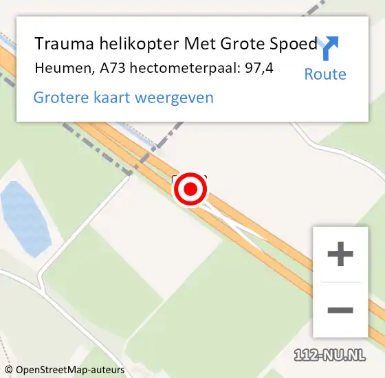 Locatie op kaart van de 112 melding: Trauma helikopter Met Grote Spoed Naar Heumen, A73 hectometerpaal: 97,4 op 25 augustus 2021 15:23
