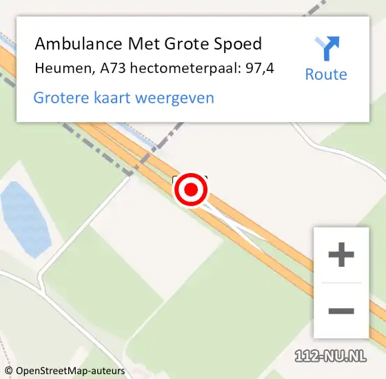 Locatie op kaart van de 112 melding: Ambulance Met Grote Spoed Naar Heumen, A73 hectometerpaal: 97,4 op 25 augustus 2021 15:25