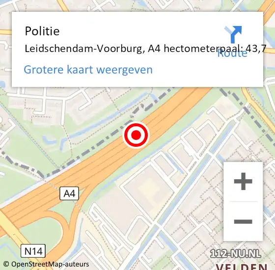 Locatie op kaart van de 112 melding: Politie Leidschendam-Voorburg, A4 hectometerpaal: 43,7 op 25 augustus 2021 16:18