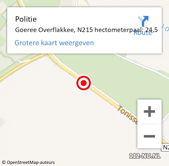 Locatie op kaart van de 112 melding: Politie Goeree Overflakkee, N215 hectometerpaal: 24,5 op 25 augustus 2021 16:36