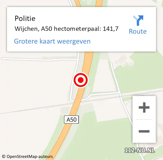 Locatie op kaart van de 112 melding: Politie Wijchen, A50 hectometerpaal: 141,7 op 25 augustus 2021 16:49