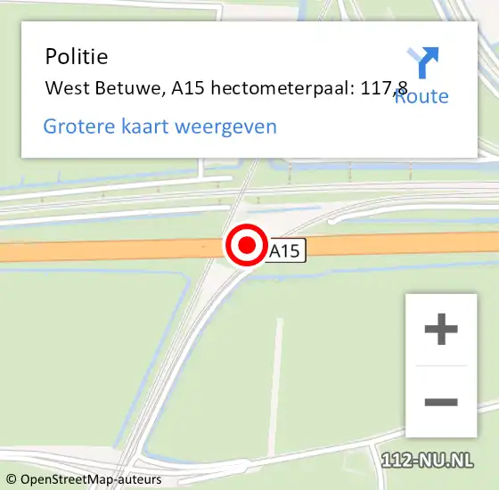 Locatie op kaart van de 112 melding: Politie Geldermalsen, A15 hectometerpaal: 117,8 op 25 augustus 2021 17:30