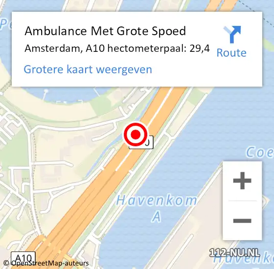 Locatie op kaart van de 112 melding: Ambulance Met Grote Spoed Naar Amsterdam, A10 hectometerpaal: 29,4 op 25 augustus 2021 17:35