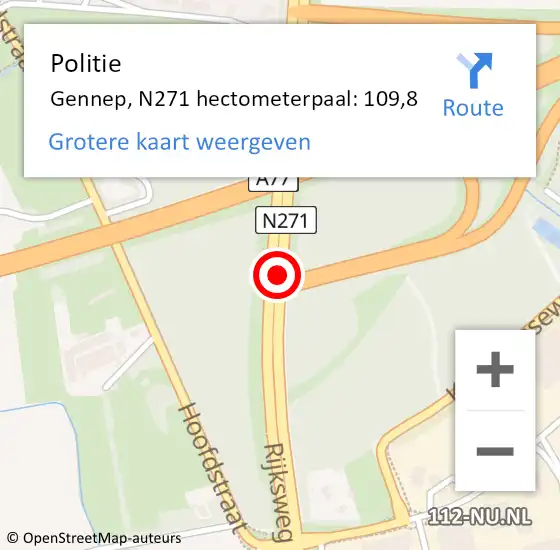 Locatie op kaart van de 112 melding: Politie Gennep, N271 hectometerpaal: 109,8 op 25 augustus 2021 19:54