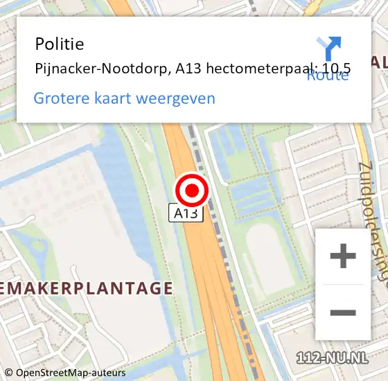 Locatie op kaart van de 112 melding: Politie Pijnacker-Nootdorp, A13 hectometerpaal: 10,5 op 25 augustus 2021 20:16