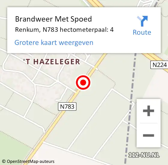 Locatie op kaart van de 112 melding: Brandweer Met Spoed Naar Renkum, N783 hectometerpaal: 4 op 25 augustus 2021 22:58