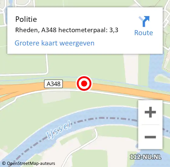 Locatie op kaart van de 112 melding: Politie Rheden, A348 hectometerpaal: 3,3 op 25 augustus 2021 23:29