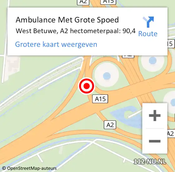 Locatie op kaart van de 112 melding: Ambulance Met Grote Spoed Naar Geldermalsen, A2 hectometerpaal: 90,4 op 25 augustus 2021 23:49