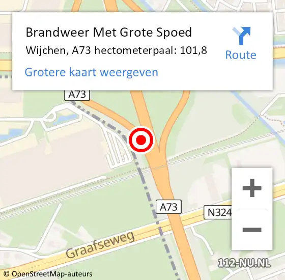Locatie op kaart van de 112 melding: Brandweer Met Grote Spoed Naar Wijchen, A73 hectometerpaal: 101,8 op 26 augustus 2021 00:05
