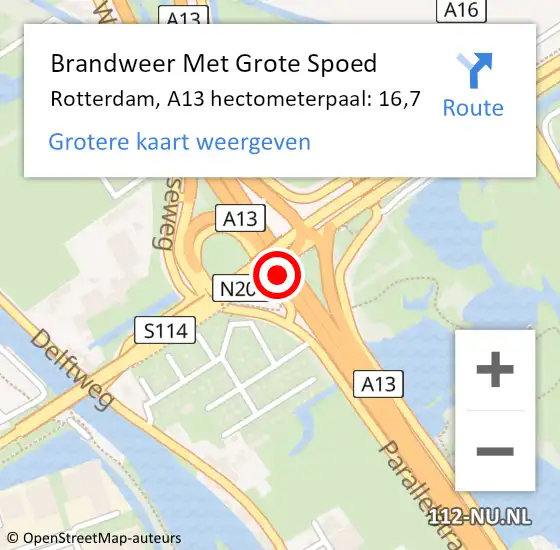 Locatie op kaart van de 112 melding: Brandweer Met Grote Spoed Naar Rotterdam, A13 hectometerpaal: 16,7 op 26 augustus 2021 00:13