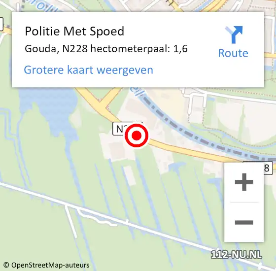 Locatie op kaart van de 112 melding: Politie Met Spoed Naar Gouda, N228 hectometerpaal: 1,6 op 26 augustus 2021 00:24