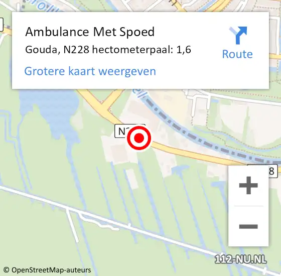 Locatie op kaart van de 112 melding: Ambulance Met Spoed Naar Gouda, N228 hectometerpaal: 1,6 op 26 augustus 2021 00:24