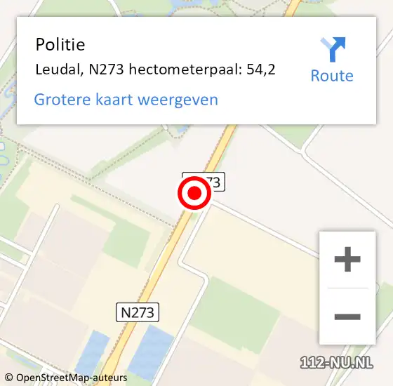 Locatie op kaart van de 112 melding: Politie Leudal, N273 hectometerpaal: 54,2 op 26 augustus 2021 00:27