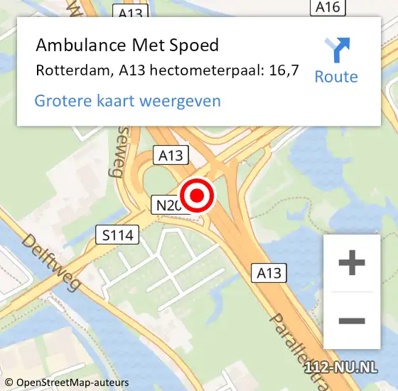 Locatie op kaart van de 112 melding: Ambulance Met Spoed Naar Rotterdam, A13 hectometerpaal: 16,7 op 26 augustus 2021 00:31