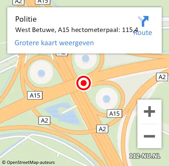 Locatie op kaart van de 112 melding: Politie Geldermalsen, A15 hectometerpaal: 115,4 op 26 augustus 2021 03:09