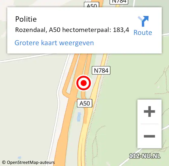 Locatie op kaart van de 112 melding: Politie Rozendaal, A50 hectometerpaal: 183,4 op 26 augustus 2021 06:04