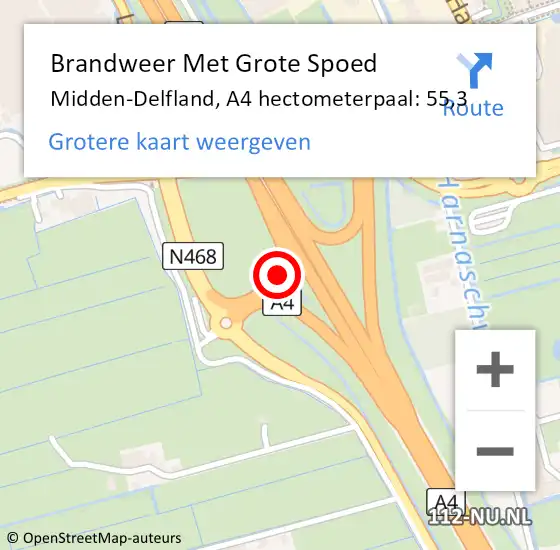 Locatie op kaart van de 112 melding: Brandweer Met Grote Spoed Naar Midden-Delfland, A4 hectometerpaal: 55,3 op 26 augustus 2021 07:26